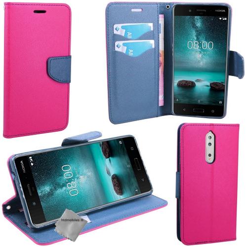 Housse Etui Coque Pochette Portefeuille Pour Nokia 8 + Film Ecran - Rose / Bleu