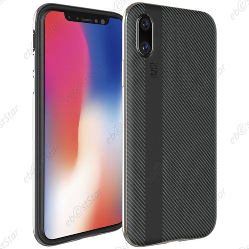 Ebeststar ® Pour Apple Iphone X Écran 5.8", Iphone 10 - Coque Motif Carbone Ligne Droite Etui Housse Luxe Souple Silicone Gel, Couleur Noir / Gris [Dimensions Precises De Votre Appareil : 143.6 X 70.9 X 7.7 Mm, Écran 5.8'']
