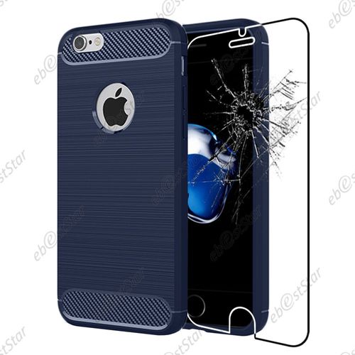 Ebeststar ® Pour Apple Iphone 7 (2016), Iphone 8 (2017) 4,7" - Coque Motif Fibre Carbone Luxe 2 Barres Horizontales Etui Housse Silicone Gel Cussins D'Air + Film En Verre Trempé, Couleur Bleu Foncé
