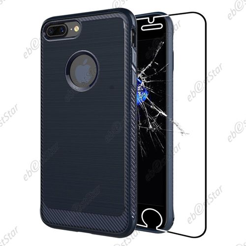 Ebeststar ® Pour Apple Iphone 7 (2016), Iphone 8 (2017) 4,7" - Coque Luxe Motif Fibre De Carbone Rebords Renforcés Etui Housse Silicone Gel + Film En Verre Trempé, Couleur Bleu Foncé