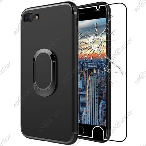 Ebeststar ® Pour Apple Iphone 7 (2016), Iphone 8 (2017) 4,7" - Coque Silicone Gel Etui Housse Bague Rotative 360° Support Doigt Anneau Prise En Main + Film En Verre Trempé, Couleur Noir