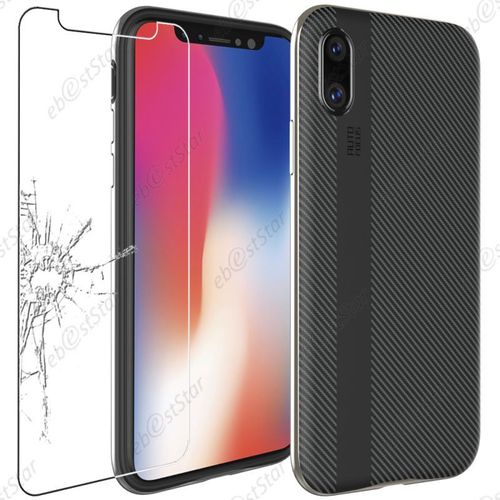 Ebeststar ® Pour Apple Iphone X Écran 5.8", Iphone 10 - Coque Motif Carbone Ligne Droite Etui Housse Luxe Souple Silicone Gel + Film En Verre Trempé, Couleur Noir / Gris [Dimensions Precises De Votre Appareil : 143.6 X 70.9 X 7.7 Mm, Écran 5.8'']