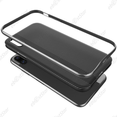 Ebeststar ® Verre Trempé + Coque Etui Housse Silicone Gel Carbone Flexible Ligne Droite Pour Apple Iphone X Écran 5.8", Iphone 10, Couleur Noir / Gris [Dimensions Precises De Votre Appareil : 143.6 X 70.9 X 7.7 Mm, Écran 5.8'']