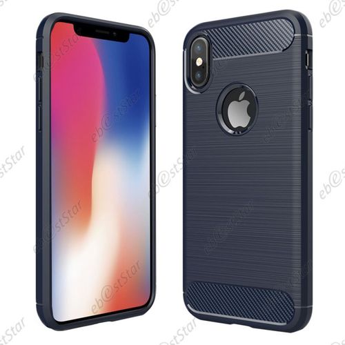 Ebeststar ® Pour Apple Iphone X Écran 5.8", Iphone 10 - Coque Motif Fibre Carbone Luxe 2 Barres Horizontales Etui Housse Silicone Gel Cussins D'air, Couleur Bleu Foncé [Dimensions Precises De Votre Appareil : 143.6 X 70.9 X 7.7 Mm, Écran 5.8'']
