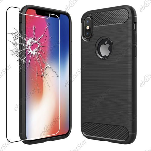 Ebeststar ® Pour Apple Iphone X Écran 5.8", Iphone 10 - Coque Motif Fibre Carbone Luxe 2 Barres Horizontales Etui Housse Silicone Gel Cussins D'Air + Film En Verre Trempé, Couleur Noir