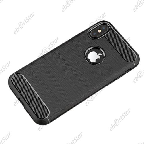 Ebeststar ® Housse Coque Motif Fibre Carbone Luxe Silicone Gel Coussin D'air + Film En Verre Trempé Pour Apple Iphone X Écran 5.8", Iphone 10, Couleur Noir [Dimensions Precises De Votre Appareil : 143.6 X 70.9 X 7.7 Mm, Écran 5.8'']