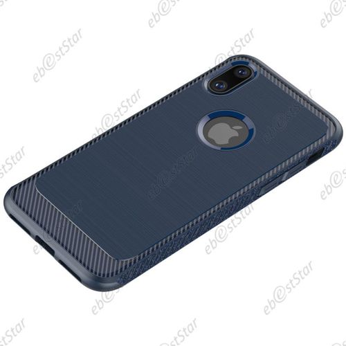 Ebeststar ® Verre Trempé + Coque Etui Housse Luxe Fibre Carbone Silicone Gel Cussins D'air Pour Apple Iphone X Écran 5.8", Iphone 10, Couleur Bleu Foncé [Dimensions Precises De Votre Appareil : 143.6 X 70.9 X 7.7 Mm, Écran 5.8'']