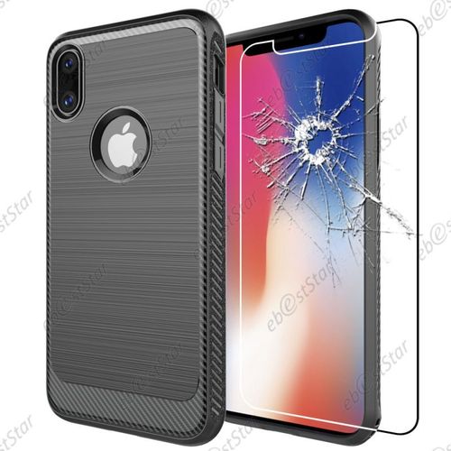 Ebeststar ® Pour Apple Iphone X Écran 5.8", Iphone 10 - Coque Luxe Motif Fibre De Carbone Rebords Renforcés Etui Housse Silicone Gel + Film En Verre Trempé, Couleur Noir [Dimensions Precises De Votre Appareil : 143.6 X 70.9 X 7.7 Mm, Écran 5.8'']
