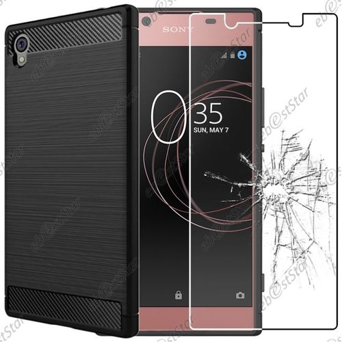 Ebeststar ® Pour Sony Xperia L1, L1 Dual - Coque Motif Fibre Carbone Luxe 2 Barres Horizontales Etui Housse Silicone Gel Cussins D'air + Film En Verre Trempé, Couleur Noir [Dimensions Precises De Votre Appareil : 151 X 74 X 8.7 Mm, Écran 5.5'']