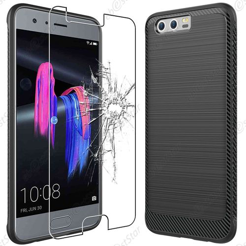 Ebeststar ® Pour Huawei Honor 9 - Coque Luxe Motif Fibre De Carbone Rebords Renforcés Etui Housse Silicone Gel + Film En Verre Trempé, Couleur Noir [Dimensions Precises De Votre Appareil : 147.3 X 70.9 X 7.5 Mm, Écran 5.15'']