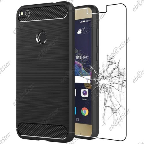 Ebeststar ® Pour Huawei P8 Lite (2017) - Coque Motif Fibre Carbone Luxe 2 Barres Horizontales Etui Housse Silicone Gel Cussins D'air + Film En Verre Trempé, Couleur Noir [Dimensions Precises De Votre Appareil : 147.2 X 72.9 X 7.6 Mm, Écran 5.2'']