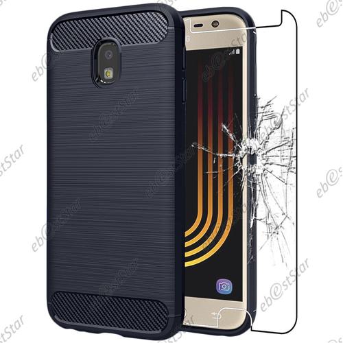 Ebeststar ® Pour Samsung Galaxy J3 2017 Sm-J330f - Coque Motif Fibre Carbone Luxe 2 Barres Horizontales Etui Housse Silicone Gel Cussins D'Air + Film En Verre Trempé, Couleur Bleu Foncé