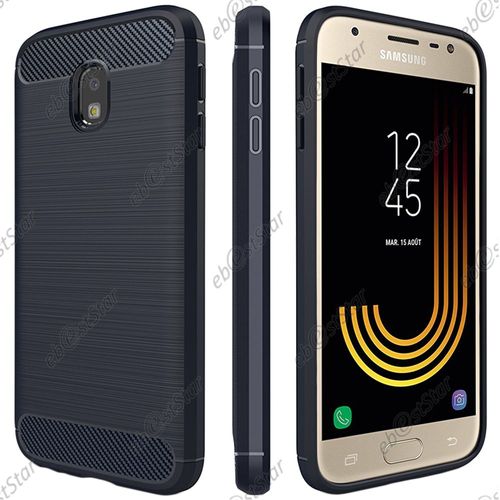 Ebeststar ® Verre Trempé + Coque Etui Housse Silicone Motif Fibre Carbone 2 Barres Horizontales Pour Samsung Galaxy J3 2017 Sm-J330f, Couleur Bleu Foncé [Dimensions Precises De Votre Appareil : 143.2 X 70.3 X 7.9 Mm, Écran 5'']