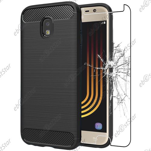 Ebeststar ® Pour Samsung Galaxy J3 2017 Sm-J330f - Coque Motif Fibre Carbone Luxe 2 Barres Horizontales Etui Housse Silicone Gel Cussins D'Air + Film En Verre Trempé, Couleur Noir