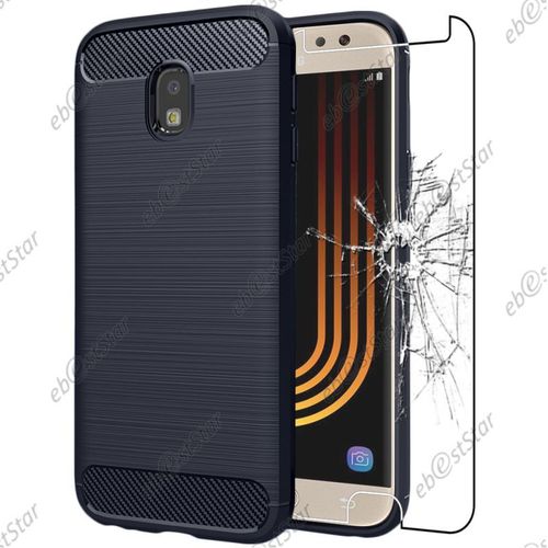 Ebeststar ® Pour Samsung Galaxy J5 2017 Sm-J530f - Coque Motif Fibre Carbone Luxe 2 Barres Horizontales Etui Housse Silicone Gel Cussins D'Air + Film En Verre Trempé, Couleur Bleu Foncé