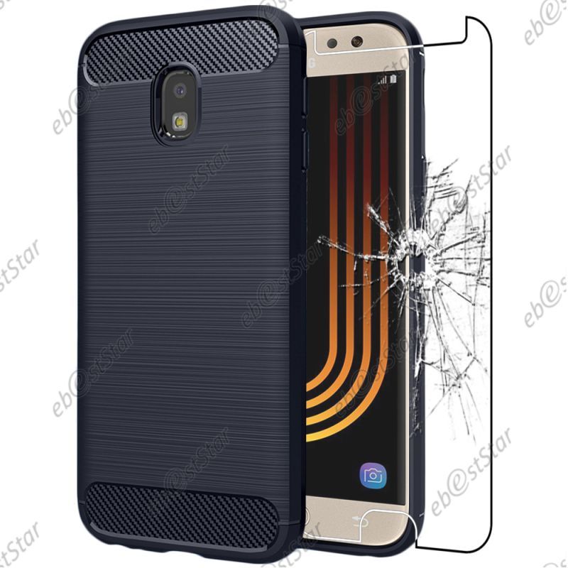 Ebeststar ® Pour Samsung Galaxy J7 2017 Sm-J730f - Coque Motif Fibre Carbone Luxe 2 Barres Horizontales Etui Housse Silicone Gel Cussins D'Air + Film En Verre Trempé, Couleur Bleu Foncé