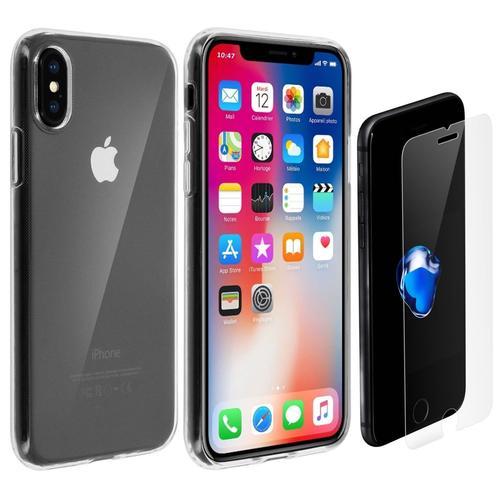 Coque Etui Housse Silicone Transparent Apple Iphone X Vitre De Protection En Verre Trempé