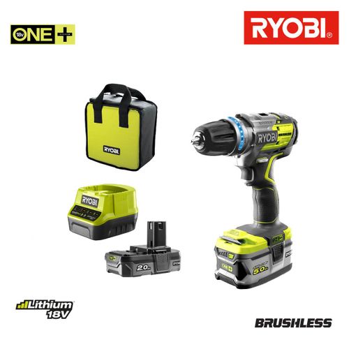 Perceuse-visseuse à percussion brushless RYOBI 18V One+ - 2 batteries LithiumPlus 5Ah - 2Ah - chargeur rapide 2.0Ah - R18PDBL-252S