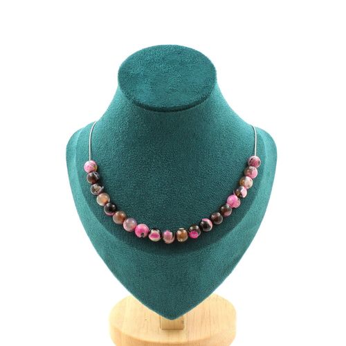 Collier 20 Perles Agate Fuchsia Et Marron 8 Mm. Chaine En Acier Collier Femmes, Hommes. Taille Personnalisable.