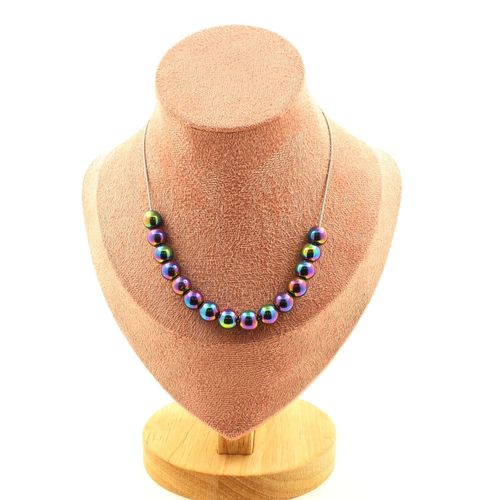 Collier 15 Perles Hématite Multicolore 8 Mm. Chaine En Acier Collier Femmes, Hommes. Taille Personnalisable.