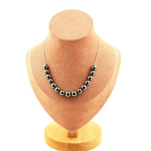 Collier 15 Perles Hématite 8 Mm. Chaine En Acier Inoxydable Collier Femmes, Hommes. Taille Personnalisable.