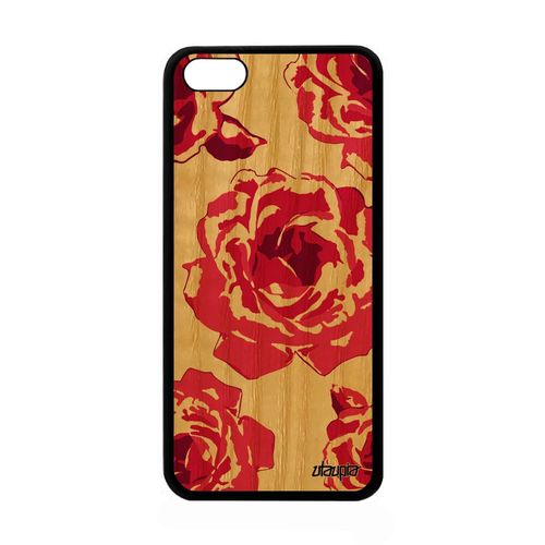 Coque En Bois Silicone Iphone 5c Et Rose Fleur Smartphone Romantique Love Apple Iphone 5c