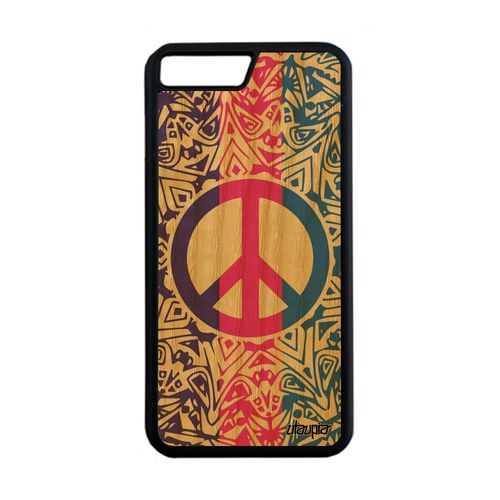 Coque Pour Iphone 7 Plus En Bois Et Silicone Peace And Love & Rosace Rose Iphone 7 Plus