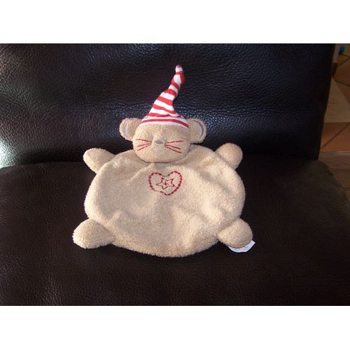 Doudou Plat Chat Souris Absorba Beige Bonnet Rouge Blanc