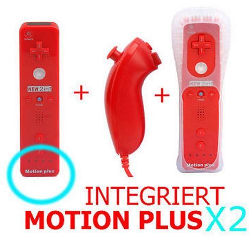 Manette Wiimote Avec Motion Plus Intégré + Nunchuck + Housse Pour Nintendo Wii Rouge X2