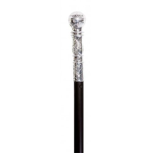 Canne Noire Pommeau Décoré Couleur Argent