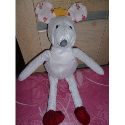 Doudou Souris Grise Pied Rouge Couronne Jaune Imprimé Fleur Rose Aux Oreilles