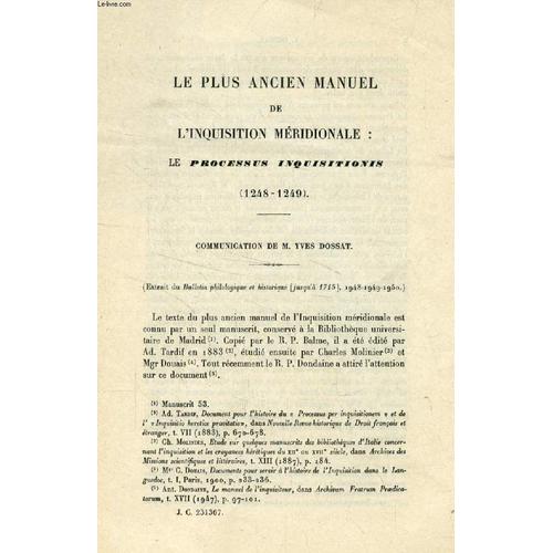 Le Plus Ancien Manuel De L'inquisition Meridionale: Le 'processus Inquisitionis' (1248-1249) (Tire A Part)