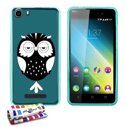 Coque Case Wiko Lenny 2 Hibou Noir Contour Bleu Silicone Souple (Tpu)