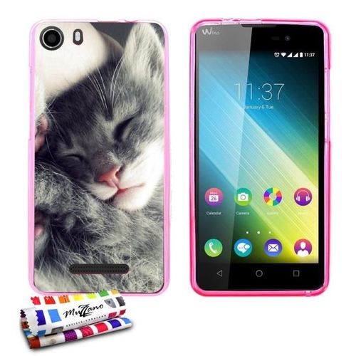 Coque Case Wiko Lenny 2 Chaton Gris Contour Rose Silicone Souple (Tpu)