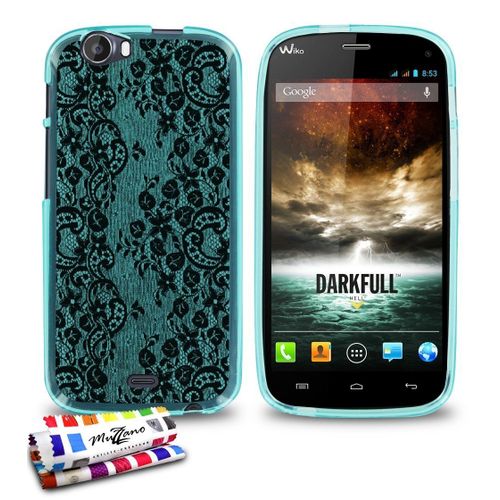 Coque Case Wiko Darkfull Dentelle Noire Contour Bleu Silicone Souple (Tpu)