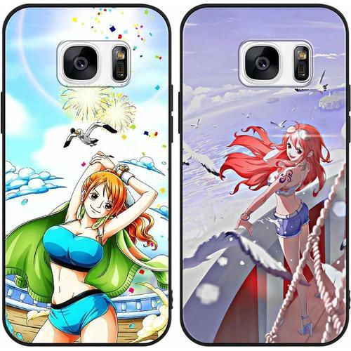 2 Pièces Coque Pour Samsung Galaxy S7 5.1 Pouce, Anime One Piece Nami Manga Dessin Animé Motif Étui Protection Housse De Silicone Tpu Mince Souple Antichoc Bumper 3d Imprimé Motiv Case, Noir 7