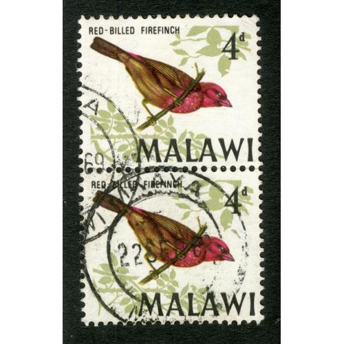 Deux Timbres Oblitérés Malawi, Red-Billed Firefinch, 4d