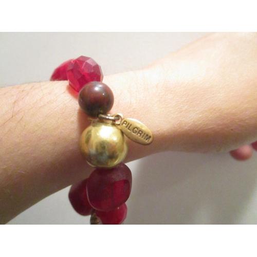 Bracelet Avec Perles Rouges Et Doré Pilgrim Élastique Breloques Poinçon Style Ethnique Tribal