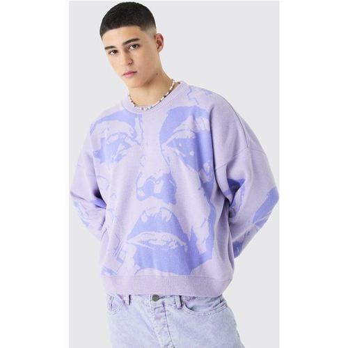 Oversized Boxy Drop Shoulder Face Jacquard Knit Jumper Homme - Violet - M, Violet