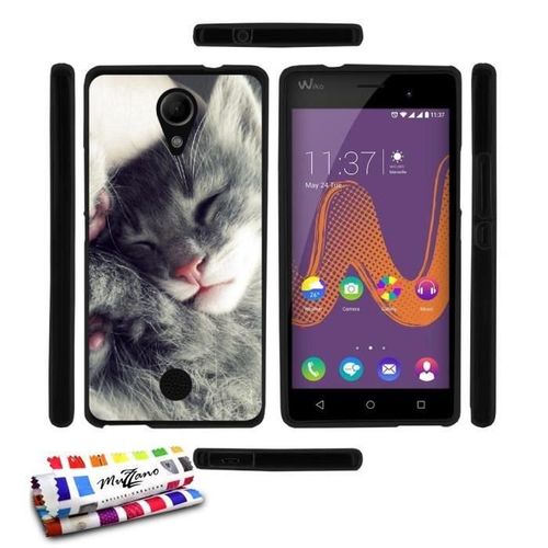 Coque Case Wiko Tommy Chaton Gris Contour Noir Silicone Souple (Tpu)