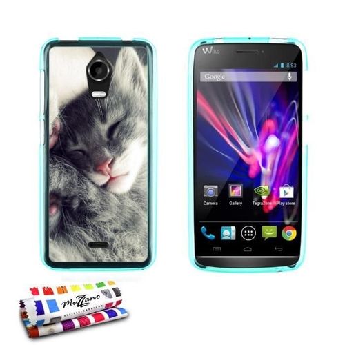 Coque Case Wiko Wax Chaton Gris Contour Bleu Silicone Souple (Tpu)