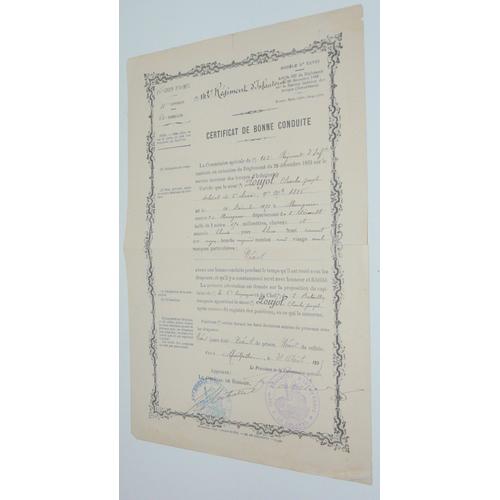 Certificat De Bonne Conduite 142 Ièm Régiment D'infanterie Montpellier Le 31 Août 1895