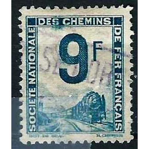 France 1944, Bel Exemplaire Timbre Pour Petits Colis, Motif Locomotive À Vapeur, Yvert 9, 9f. Bleu Vert Foncé, Oblitéré, Tbe