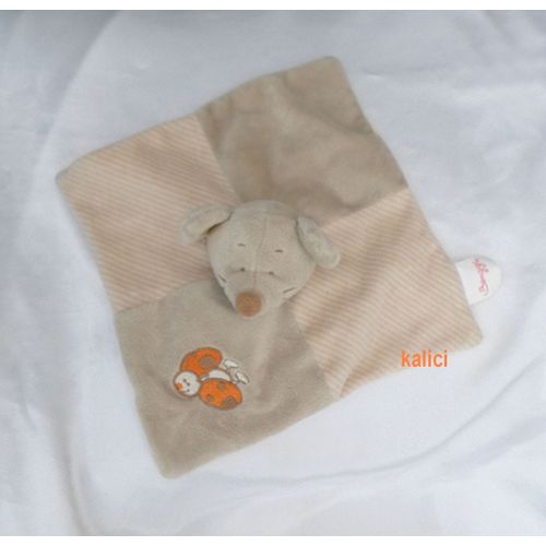Doudou Peluche Plat Carré Souris Beige Rayures Coccinelle Bengy