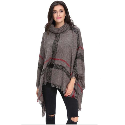 Poncho Cape Femme Col Roule Hiver À Franges Casual Pull Laine En Tricot