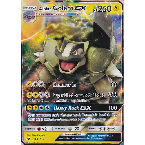 Carte Pokemon Golem Alolan Gx - 34/111 - (Grolem D'alola Gx) - Soleil Et Lune 4 Invasion Carmin - Carte Version Anglaise