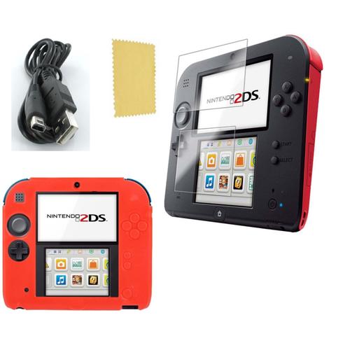 Pack 3 En 1 Nintendo 2ds : Housse Silicone Rouge - Chargeur Usb - Protection Écran