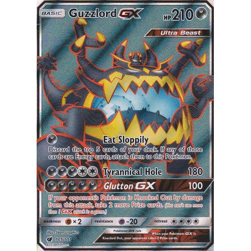 Carte Pokemon Guzzlord Gx - 105/111 - Ultra Rare Full Art ( Engloutyran Gx ) - 210 Hp - Soleil Et Lune 4 Invasion Carmin - Version Anglaise -
