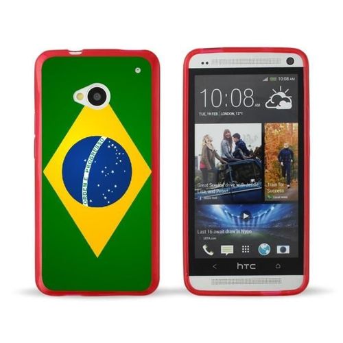 Coque Case Htc One M7 Drapeau Bresil Contour Rouge Silicone Souple (Tpu)