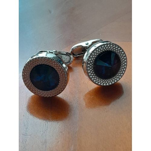 Boutons De Manchettes En Forme De Disque Avec Un Disque De Verre Au Centre De Couleurs Argent Et Bleu Pour De L'élégance...